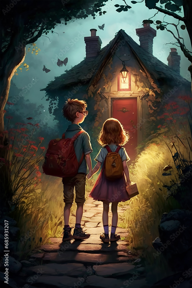 two children standing in front of a house in a jungle at night generative ai