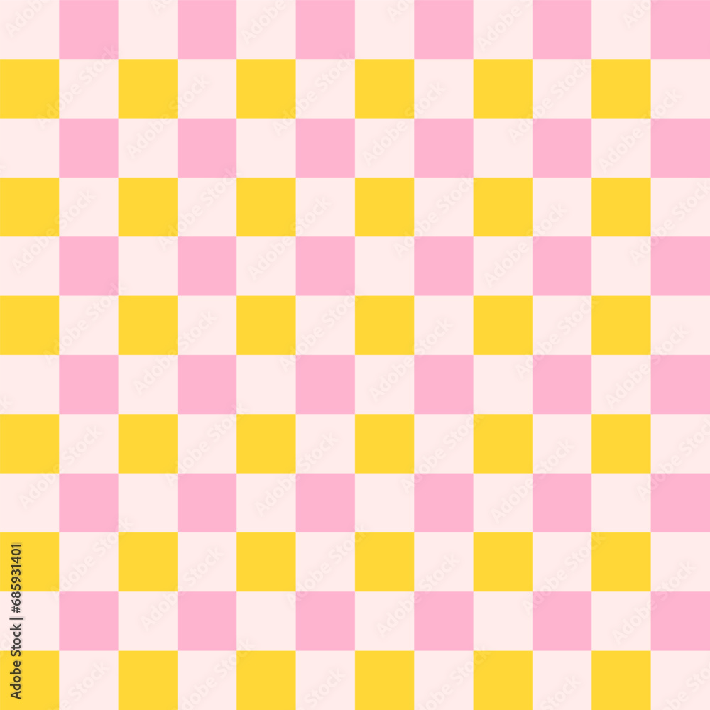 Checkerboard retro groovy background. Geometric pastel square texture in vintage y2k style. Hippie 70s pattern. Plaid pattern background. Pink and yellow colors.