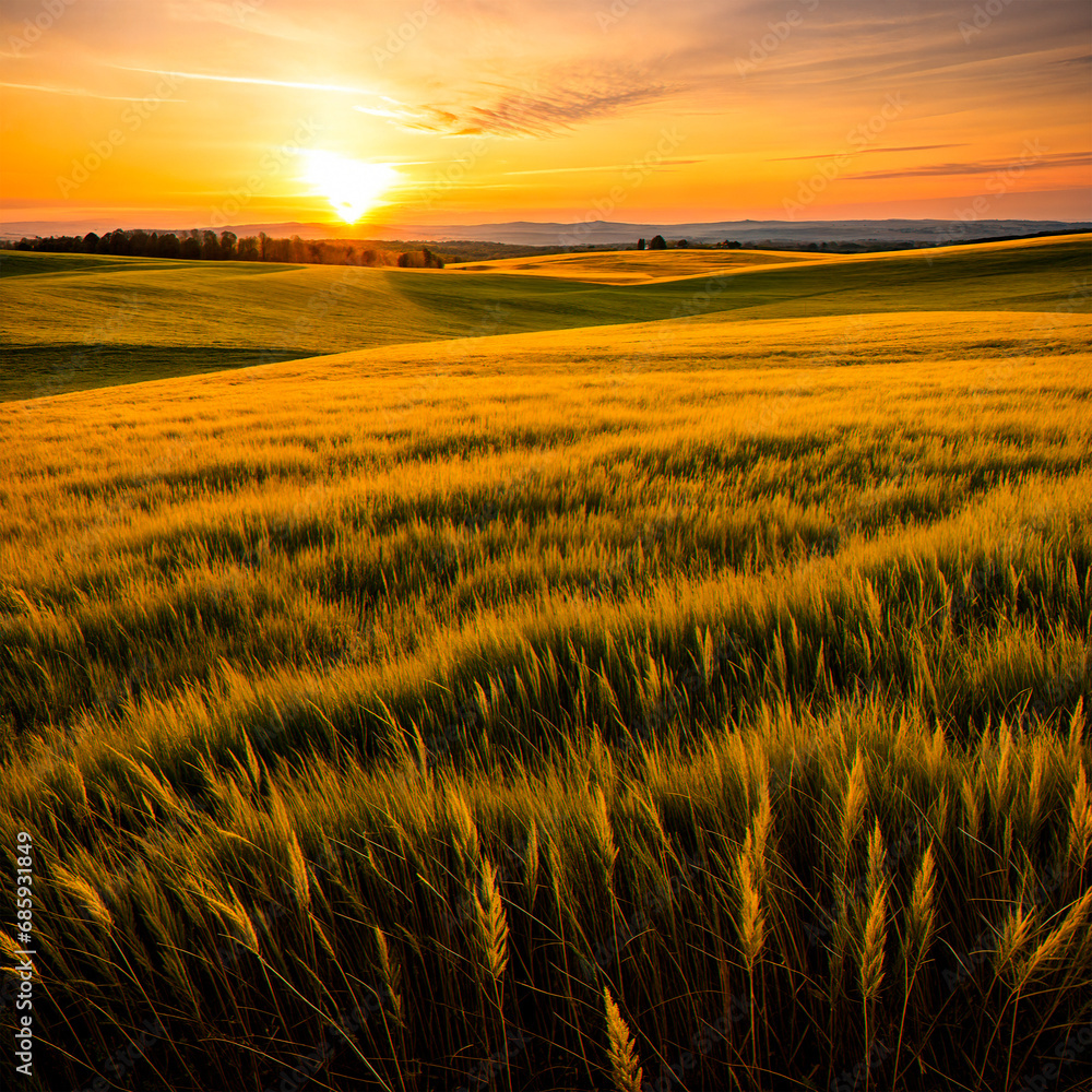 Medieval landscape, view of fields sown with grain crops, beautiful landscape with sunset