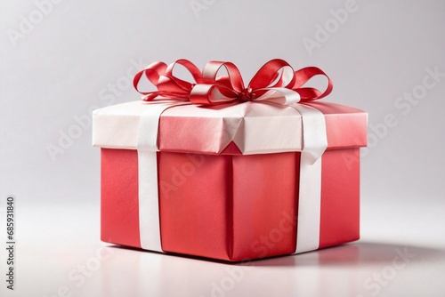 Single red gift box with ribbon in the grey empty room
