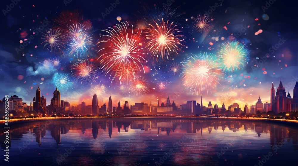 Naklejka premium Firework in new year on dark background