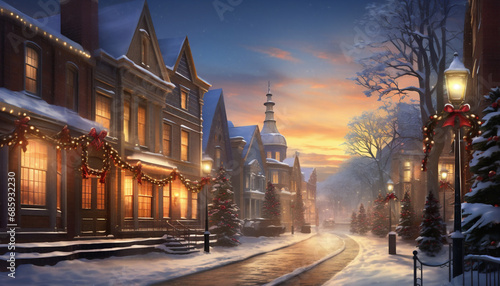Morning Holiday street scene with christmas decorations