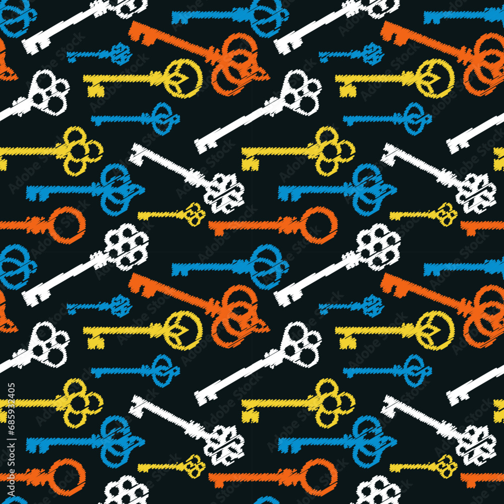 Fototapeta premium Colorful chalk drawings style antique keys pattern. Vector seamless pattern design for textile, fashion, paper and wrapping.
