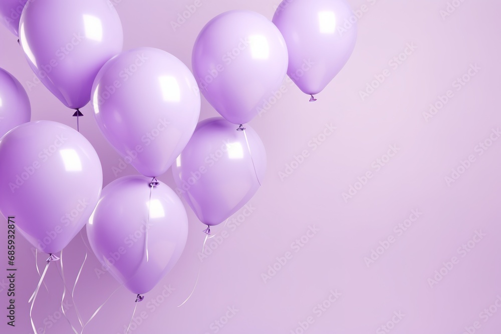 close up of violet tone balloons flying in the air, levitation, light violet background for design with copy space