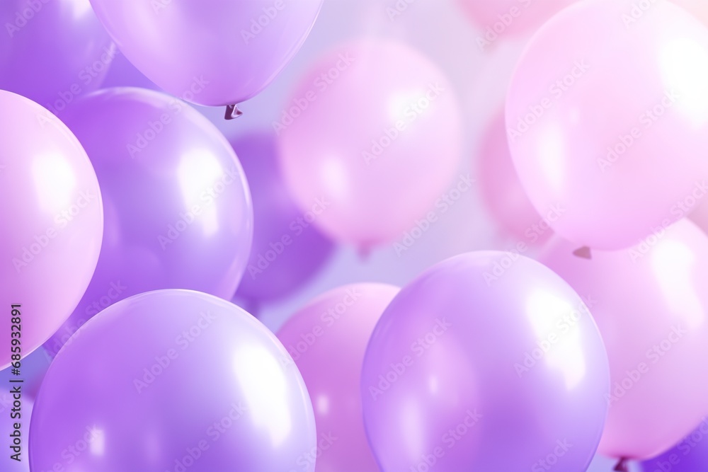 close up of violet tone balloons flying in the air, levitation, light violet background for design with copy space