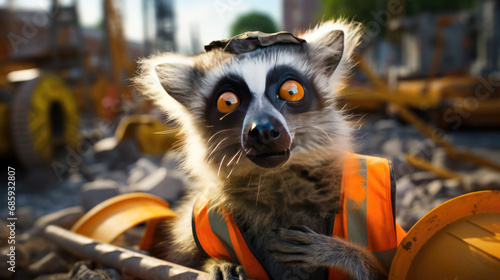 Curious Lemur Inspects the Construction Zone  close-up encounter  urban invasion 