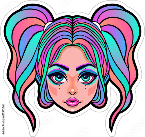 Die-cut sticker of a cute pastel goth alternative punk girl face with colorful rainbow pigtails hair. Vector illustration.