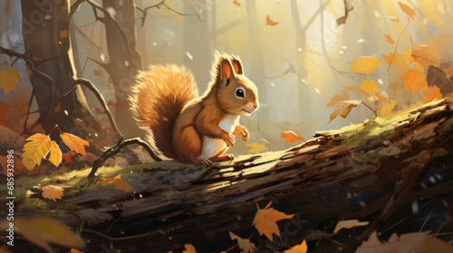Adventurous Squirrel Navigates Through Fallen Trees  exploration resilience  autumnal hues