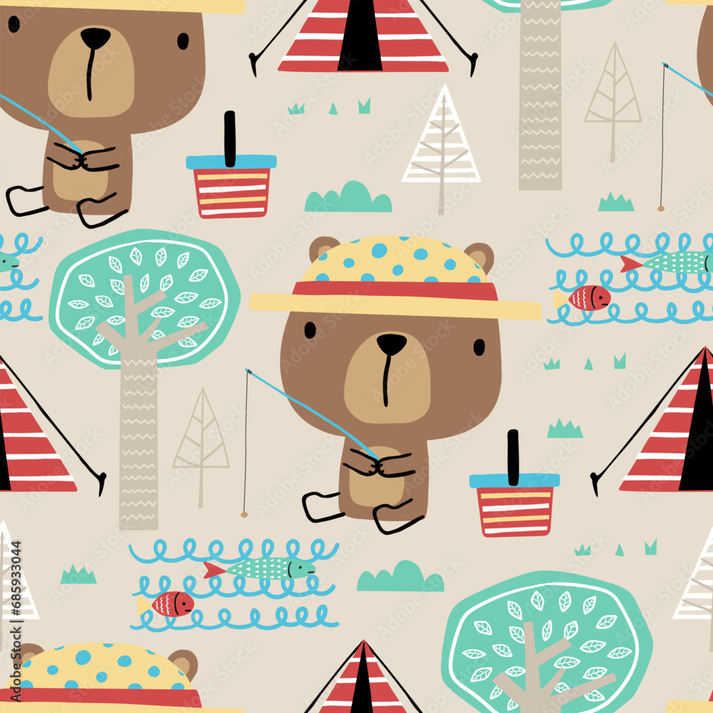 Seamless pattern vector of cartoon cute bear fishing in forest at camping day