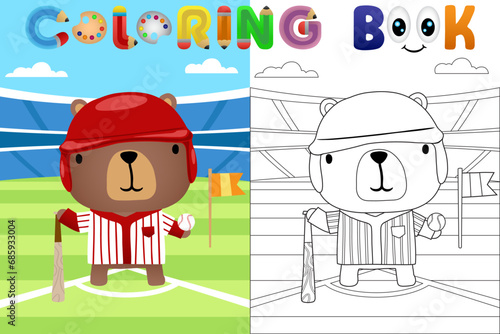 Vector cartoon illustration, cute bear in baseball uniform in baseball stadium, coloring book or page