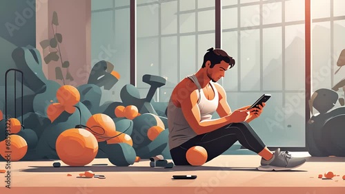 Minimal flat motion of a person at the gym, taking frequent breaks to check their phone and catch up on social media during their workout. 2D cartoon animation. . photo