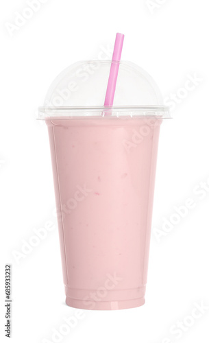 Plastic cup of tasty smoothie isolated on white