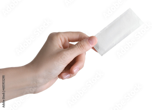 Woman holding medical adhesive bandage isolated on white, closeup