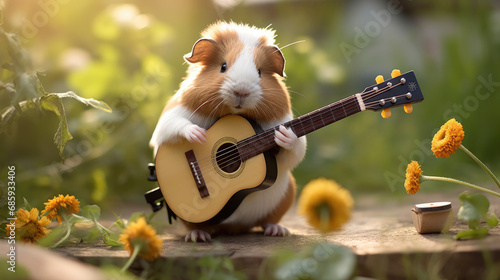 Guinea pig playing guitar in garden photo