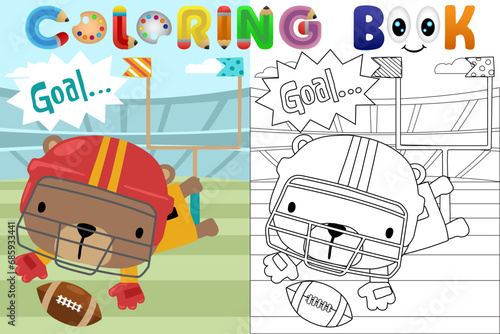 Vector cartoon illustration, little bear playing rugby in rugby stadium, coloring book or page