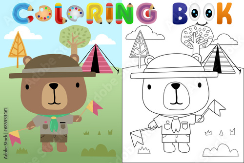 Vector cartoon illustration, cute bear in scout uniform camping in forest, coloring book or page