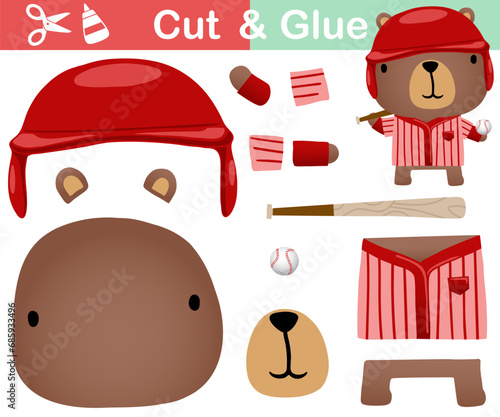 Vector illustration of cute bear cartoon in baseball uniform. Paper game for kids. Cut and glue