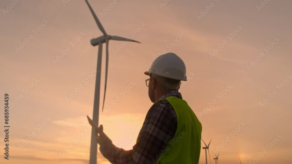 An engineer in a helmet with a tablet in his hands on wind turbines at sunset. An engineer in a helmet with a tablet in his hands on wind turbines at sunset.