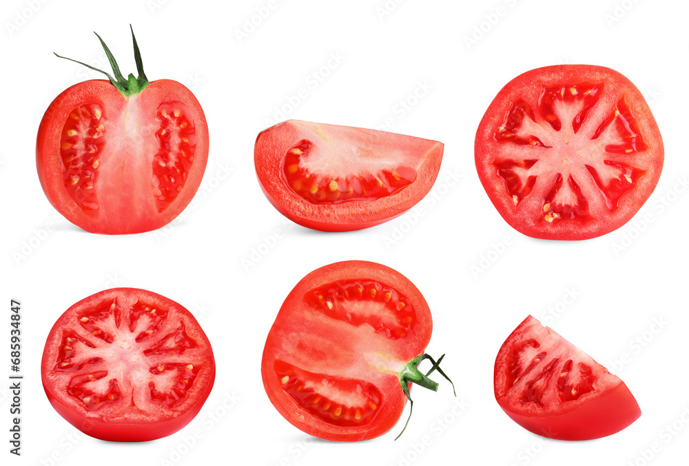Naklejka premium Cut fresh ripe tomatoes isolated on white, set