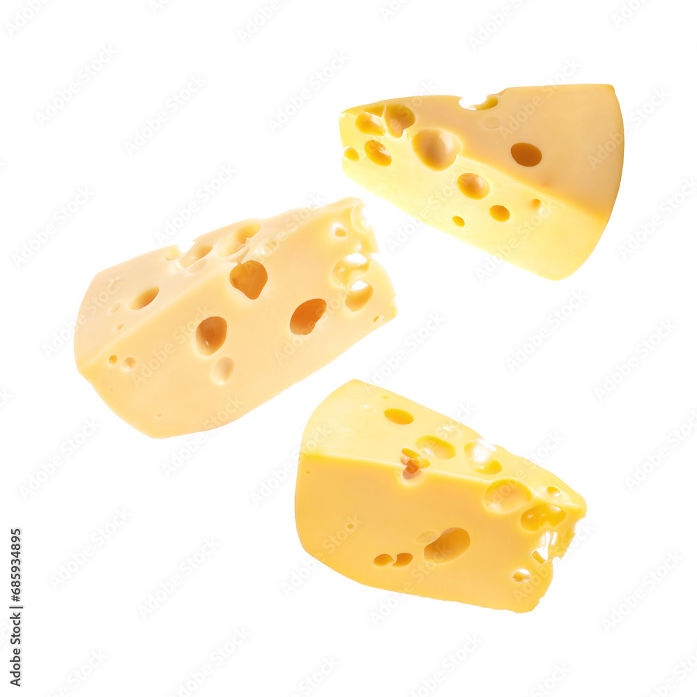 Pieces of tasty cheese falling on white background Pieces of tasty cheese falling on white background