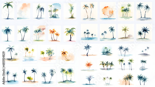 Set of hand drawn watercolor style illustration of coconut tree. Cartoon illustration isolated on white background.