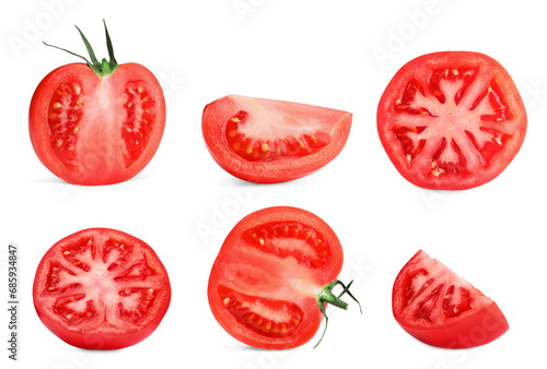 Fototapeta Naklejka Na Ścianę i Meble -  Cut fresh ripe tomatoes isolated on white, set