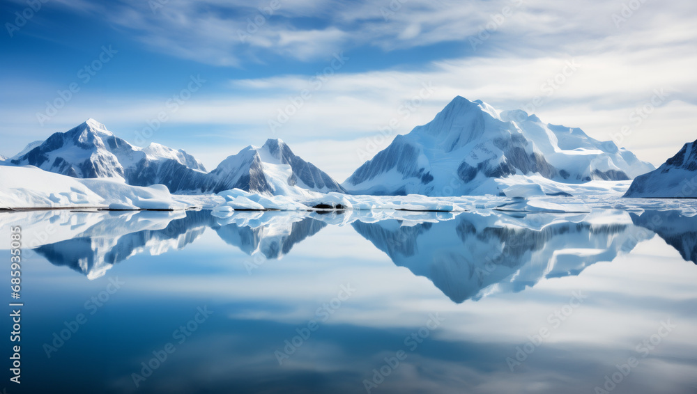 View of Antarctic Sound under clear skies, with the water reflecting the surrounding mountains and glaciers