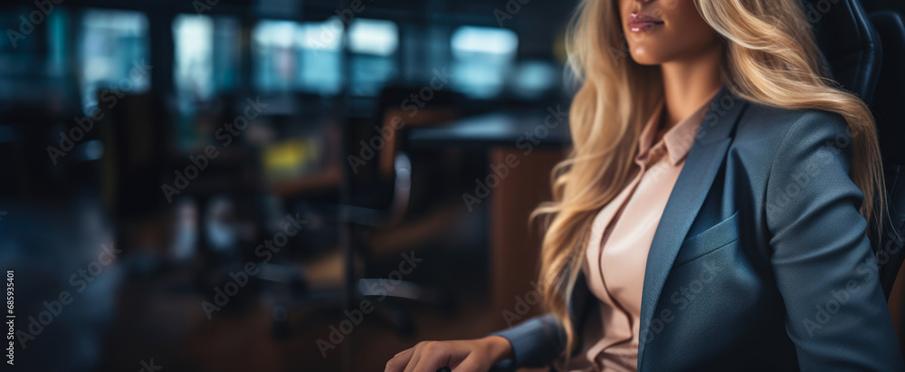 A close-up that radiates the authority and corporate leadership of a chairwoman, seated with poise and professionalism, banner - obrazy, fototapety, plakaty 