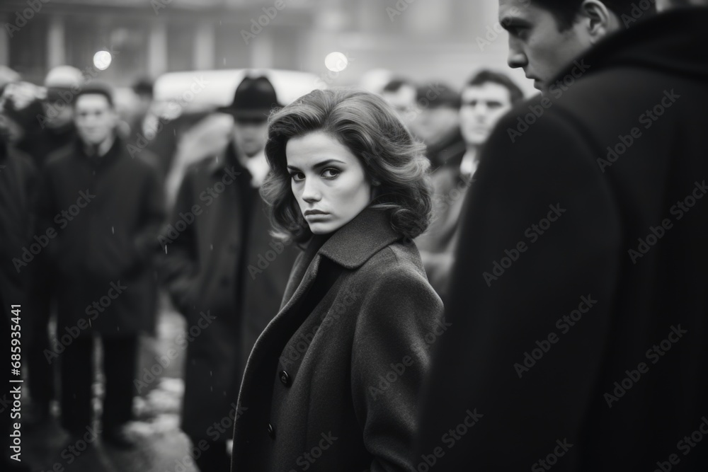 A poignant scene portraying a woman, overlooked and unheard in a male-dominated scenario, echoing the silent cries of her ignored presence