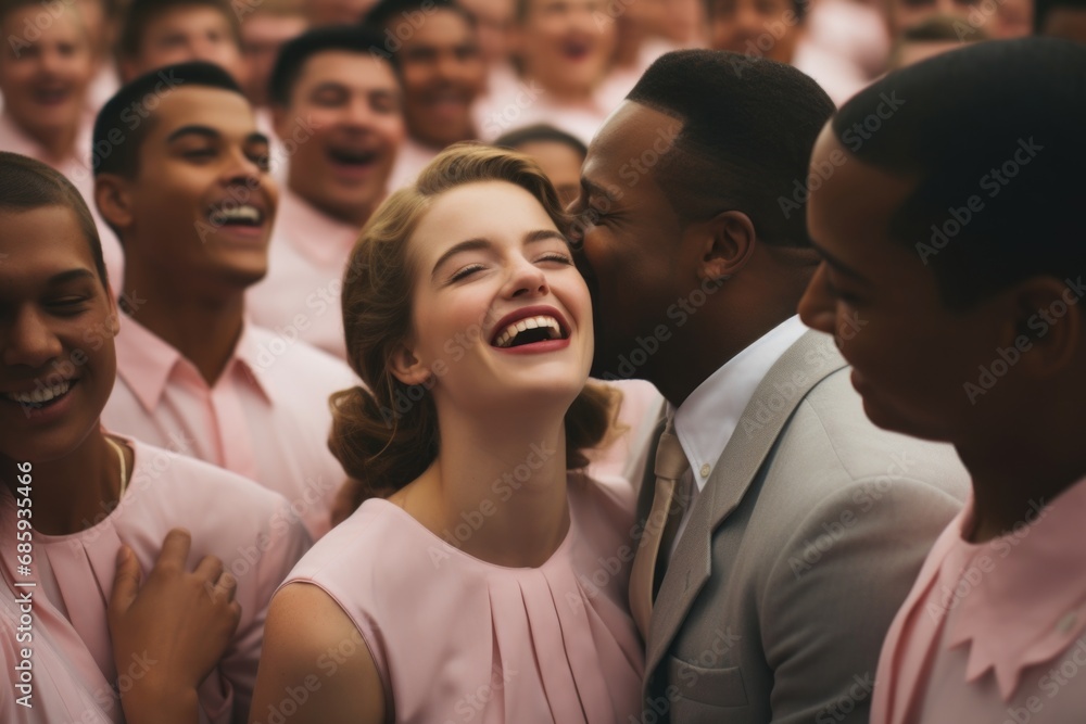 Obraz premium A smiling woman surrounded by attentive men, basking in gestures of affection and love, capturing a moment of joy and admiration