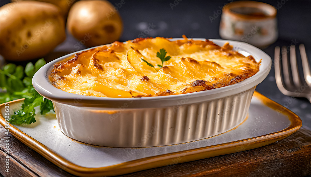 Potato gratin or graten, baked potato with cheese and chopped parsley Potato gratin or graten, baked potato with cheese and chopped parsley