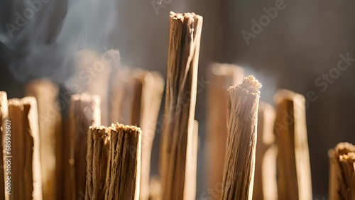 Closeup bundle palo santo incense sticks they release fragrant smoke that rises gentle manner. scent palo santo, known cleansing uplifting properties, fills air, transporting