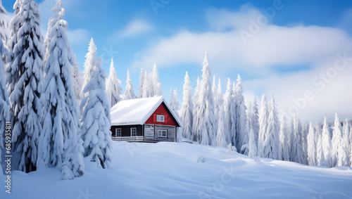 A mountain red hut surrounded by towering snow-covered trees in winter, a sense of isolated serenity © danter