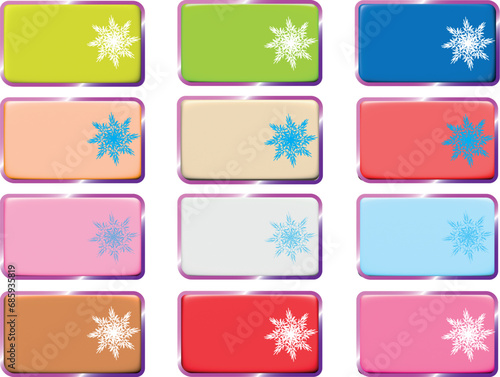 Set of Christmas labels, stickers in all colors. Collection of blank glossy colorful name tags, tags, stickers, labels, frames, rectangle shape with snowflake.