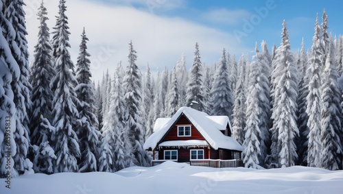 A lone mountain hut surrounded by towering snow-covered trees, a sense of isolated serenity © danter
