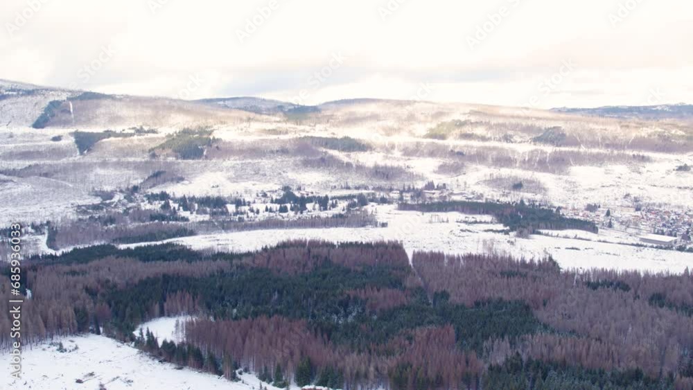 Panoramic Aerial View Of Snow-Covered Ridges And Forest In Harz Highlands, Germany. Panoramic Aerial View Of Snow-Covered Ridges And Forest In Harz Highlands, Germany.