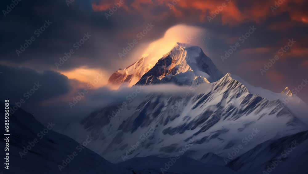 A beautiful and serene view of a ray of sunset at dusk on a snowy mountaintop - obrazy, fototapety, plakaty 