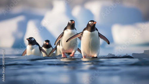 A group of penguins walking on the ice