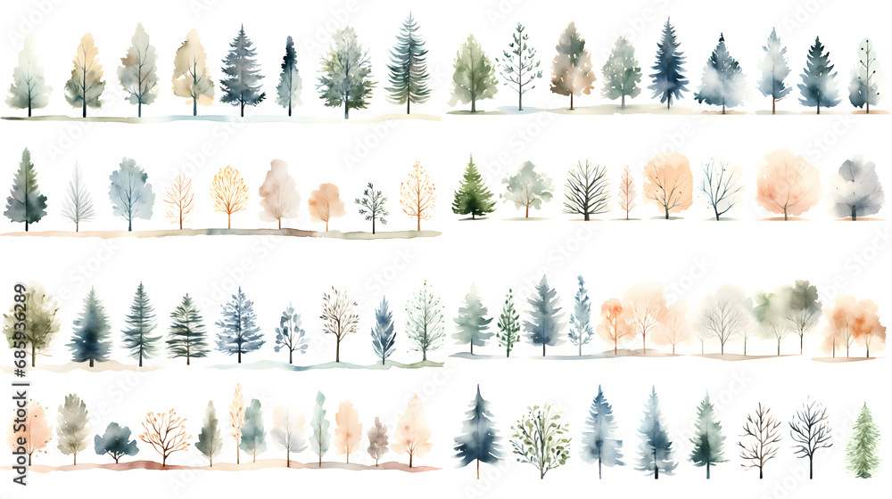 Set of watercolor style illustration of pine tree. Cartoon illustration isolated on white background. - obrazy, fototapety, plakaty 