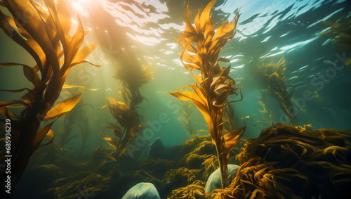 Close-up of tall, slender kelp leaves in the current, with the sun shining down from the water's surface