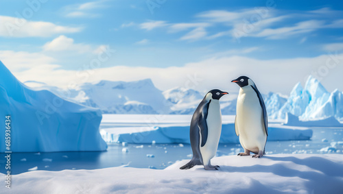 Two emperor penguins stand alone against a backdrop of snow-capped mountains and a frozen sea