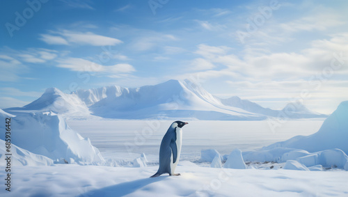 Close-up of a penguin walking alone on a glacier in Antarctica