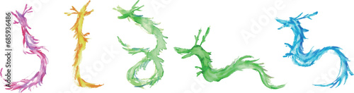 水彩画。水彩タッチの2024年年賀状用辰イラスト。辰年のベクターイラストセット。Watercolor. Dragon illustration for 2024 New Year's card with watercolor touch. Year of the Dragon vector illustration set.