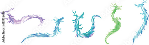 水彩画。水彩タッチの2024年年賀状用辰イラスト。辰年のベクターイラストセット。Watercolor. Dragon illustration for 2024 New Year's card with watercolor touch. Year of the Dragon vector illustration set.