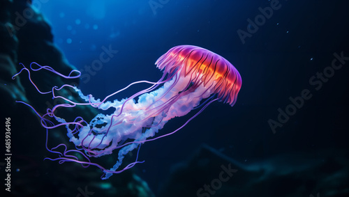 Close-up photo of a lone jellyfish bouncing gracefully in the tranquil depths of the ocean
