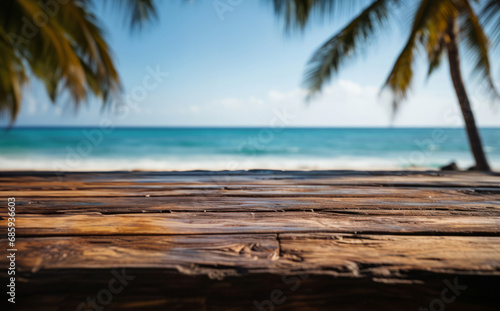 Wooden table  palm tree and beach landscape with mock up or travel. Tropical paradise  dream vacation or island holiday  Background  summer wallpaper and relax in nature  sun and blue sea waves