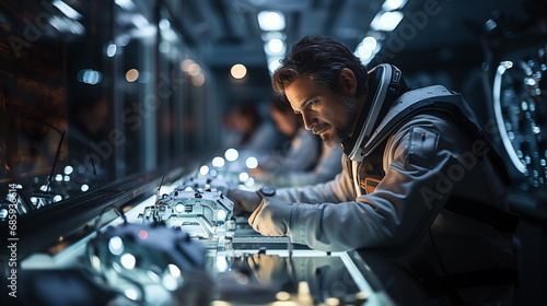 Technician working on a microcircuit in a modern factory.