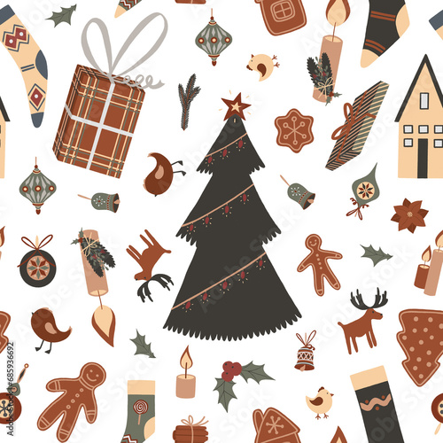 retro christmas tree seamless pattern vintage christmas stockings repeating background traditional christmas gift box wrapping paper gingerbread man cookie fabric textile repeat tile backdrop design