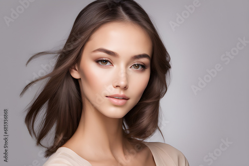 portrait of a woman with a natural makeup look emphasize her flawless complexion. AI generated