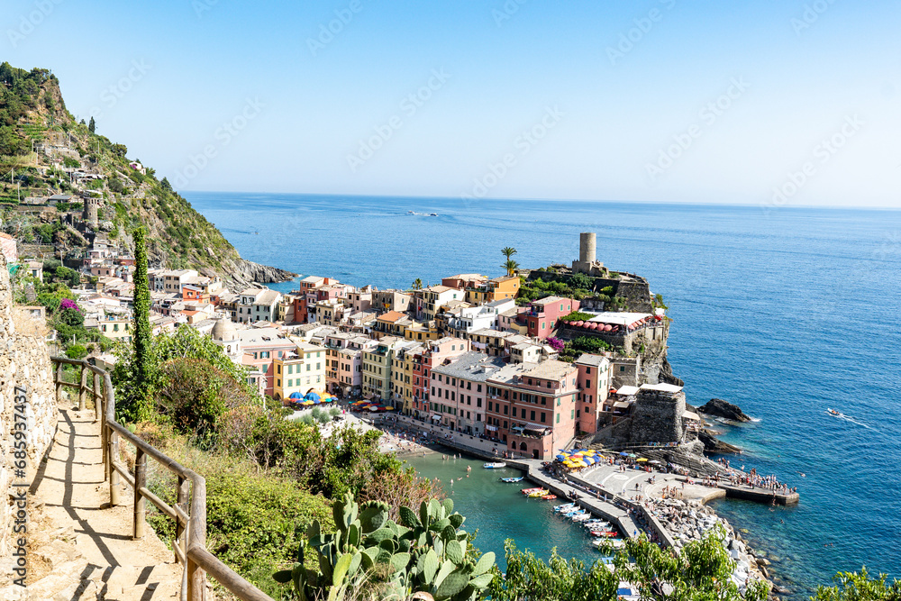 View of Vernazza, one of the small fishing villages of Cinque Terre, italy. A little beautiful town on a coast